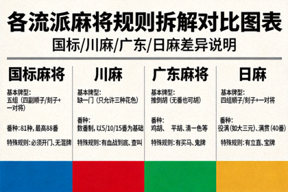 各流派麻将规则拆解对比图表：国标川麻广东日麻差异说明